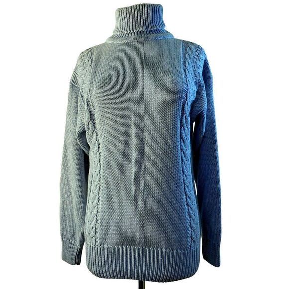 Eddie Bauer Blue Cotton Cable Knit Turtleneck Sweater Sz M Pullover Rib Borders - Picture 1 of 5